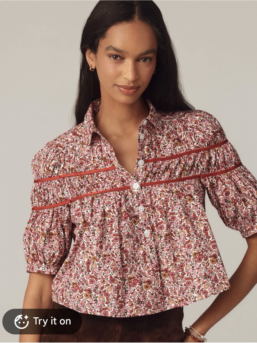 Anthropologie Maeve Leandra Shirred Yoke Blouse Burgundy Fall Boho Floral Small
